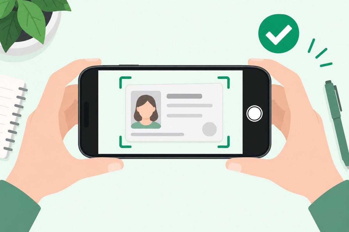 本人確認書類の全体を、スマートフォンで真上から撮影している見本