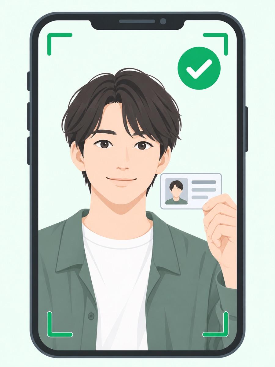 スマートフォンを縦に構え、本人確認書類を顔の横に持って撮影した見本